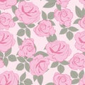 Romantic floral print. Seamless pattern with pink roses with leaves. Template for cards, gift wrappings and textile design. Royalty Free Stock Photo