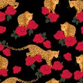 Seamless tropical safari pattern background with leopard and red roses flowers isolated on black background. Royalty Free Stock Photo