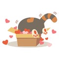 The character of cute cat in the paper box with a lot of heart. The character of cute cat playing with a paper box.