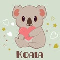 The character of cute koala hugging a heart in the green background.