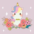 The character of cute unicorn with a flower on the purple background. The character of cute unicorn in the bouquet in