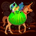 Illustration of fairyland princess riding on unicorn in fantastic medieval environment. Book cover for children fairy tale.