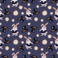 Vector seamless pattern inspired by Alice in Wonderland with rabbit, stovepipe hat and clock