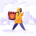 Delivery service concept. Man courier, contrary to weather conditions, delivers package to customer.