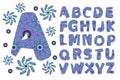 Vector floral adorable alphabet from A to Z. Lilac letters with flowers. Royalty Free Stock Photo