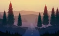 Natural pine trees forest. Mountains horizon hills and the route. Sunrise and sunset. Landscape wallpaper. Illustration vector.