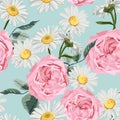 Floral seamless pattern with watercolor style pink roses and chamomile Daisy . Royalty Free Stock Photo