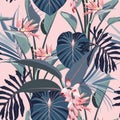 Abstract vintage colors seamless tropical pattern with pink blue leaves and flowers on pink vintage background. Royalty Free Stock Photo