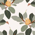 Floral seamless pattern, yellow Anise magnolia flowers and leaves on light brown, pastel vintage colors. Royalty Free Stock Photo