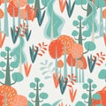 Hand drawn abstract scandinavian graphic illustration seamless pattern with trees and bush.