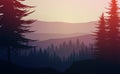 Nature forest Natural Pine forest mountains horizon. Landscape wallpaper. Sunrise and sunset. Illustration vector style colorful. Royalty Free Stock Photo