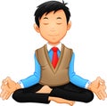 Businessman meditating in a yoga posture, he is relaxed.