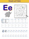 Tracing letter E for study alphabet. Printable worksheet for kids. Education page for coloring book.