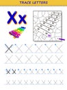 Tracing letter X for study alphabet. Printable worksheet for kids. Education page for coloring book.