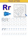 Tracing letter R for study alphabet. Printable worksheet for kids. Education page for coloring book.