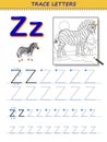 Tracing letter Z for study alphabet. Printable worksheet for kids. Education page for coloring book.