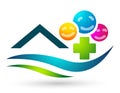 Happy kids medical health care home house water wave celebrations protect union love wellness education logo