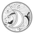 Medallion with fantastic fairyland fish. Black and white page for coloring book for children and adults.