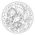 Medallion with fantastic Celtic dragon. Black and white page for coloring book for children and adults.