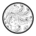 Medallion with portrait of beautiful girl. Black and white page for coloring book for children and adults.