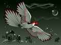 Illustration of fantastic parrot flying at night in oriental environment. Cover for children fairy tale book. Royalty Free Stock Photo