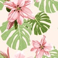 Beautiful pink lilies flowers and monstera leaves. Seamless pattern on light background.