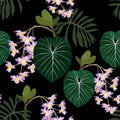 Seamless bright artistic tropical pattern with palm leaves, philodendron leaf, monstera, violet orchid flower. Royalty Free Stock Photo