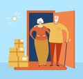 Vector illustration No contact delivery. Pensioner couple receives the order at the apartment door. Basic RGB