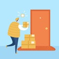 Vector illustration No contact delivery. Deliver man brings the boxes and puts them near the apartment door. Basic RGB