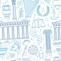 Greece. Vector seamless pattern with famous Greek symbols and landmarks.Basic RGB