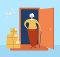 Vector illustration No contact delivery. Pensioner couple receives the order at the apartment door. Basic RGB