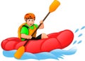 Boy rowing a inflatable boat