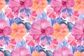 Watercolor floral seamless pattern. Blue leaves, pink Mallow flowers, pink and yellow Flower Marvel of Peru.