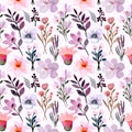 pink purple wild flower watercolor seamless pattern