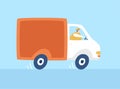 Vector illustration Express delivery. Courier on a truck delivering order.
