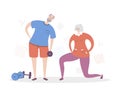 Flat vector illustration Senior Fitness. Smiling grandfather and grandmother exercising together.