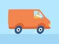 Vector illustration Express delivery. Courier on a van delivering order.