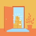 Vector illustration No contact delivery. Apartment entrance and delivered boxes.