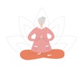 Flat vector illustration Senior Yoga. Lovely elderly woman meditating in the Lotus position.