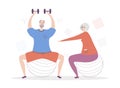 Flat vector illustration Senior Fitness. Smiling grandfather and grandmother exercising together.