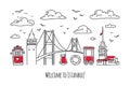 Vector modern illustration Istanbul. Galata and Maiden Tower, bridge and other famous Turkish symbols and landmarks.