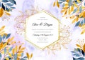 wedding invitation with blue yellow leaves watercolor golden frame Royalty Free Stock Photo