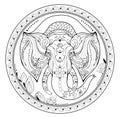 Beautiful round plate with Indian decoration. Medallion with fantastic elephant. Black and white page for coloring book.