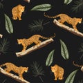 Seamless pattern with leopards and tropical leaves. Trendy style.