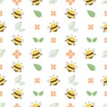 The pattern of cute bee and flower and left on the white background. The character of cute bee with pink flower and green leaf fla