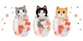 The collection of cute cat in the transparent jar and heart on the white background. The character of cute cat playing in the tra