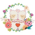 The couple in love of cute alpaca in the flowering. The character of cute alpaca with flowring and heart on the white background. Royalty Free Stock Photo