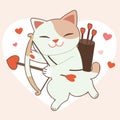The character of cute cat with heart arrow on the big heart and pink background. The cute cat with a lot of heart. The character o