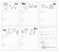 Set of black and white educational pages on line for kids. Learn to trace alphabet letters. Royalty Free Stock Photo