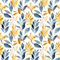 blue yellow leaves watercolor seamless pattern